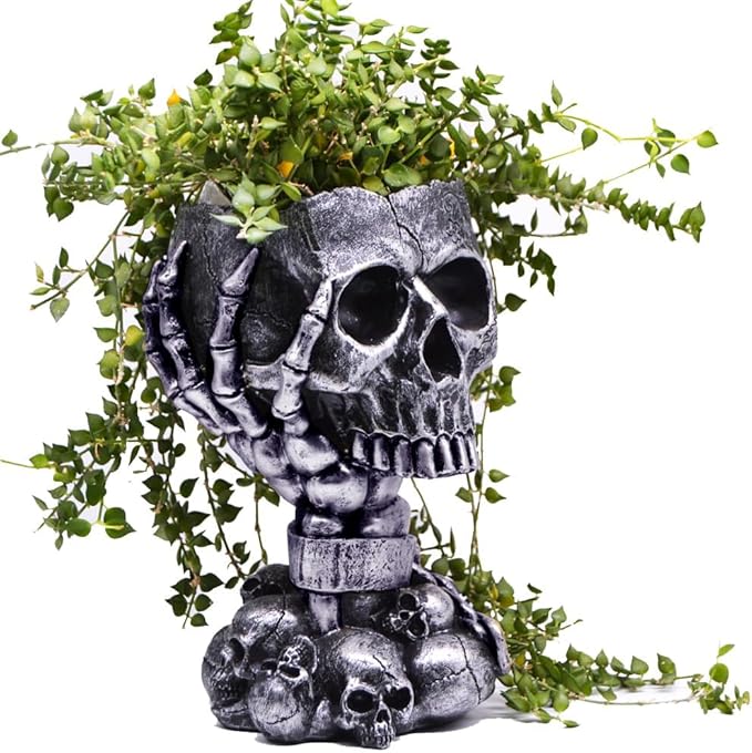 Skull Planter, Gothic Planters for Halloween Decorations Indoor/Outdoor Plants, Goth Flower Pots, Plant Pots, Skull Flower Pot, Plant Pot, Unique Vase with Drainage(Tall Black)
