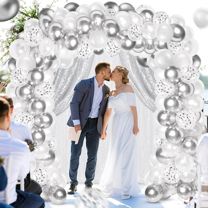 137 Pcs White Silver Party Backdrop Kits - 4 Sequin Backdrop Curtain 133 Balloon Garland Kit Photo Prop Background for Graduation Wedding Anniversary Wonderland Birthday Baby Shower