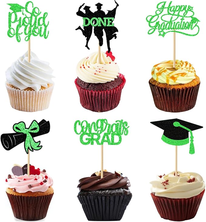 24 Pack 2026 Congrats Grad Cupcake Toppers Set, Graduation Cupcake Decor, Class of 2026 Cupcake Picks for Senior High School College Grad Party Decorations Supplies(Black with Green) B