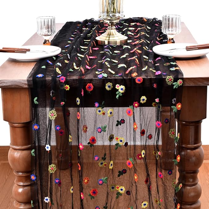 Joanlody Black Embroidery Daisy Spring Summer Table Runner 10ft Florals Seasonal Easter Tulle Table Runner Holiday Kitchen Dining Table Decoration for Home Party Indoor