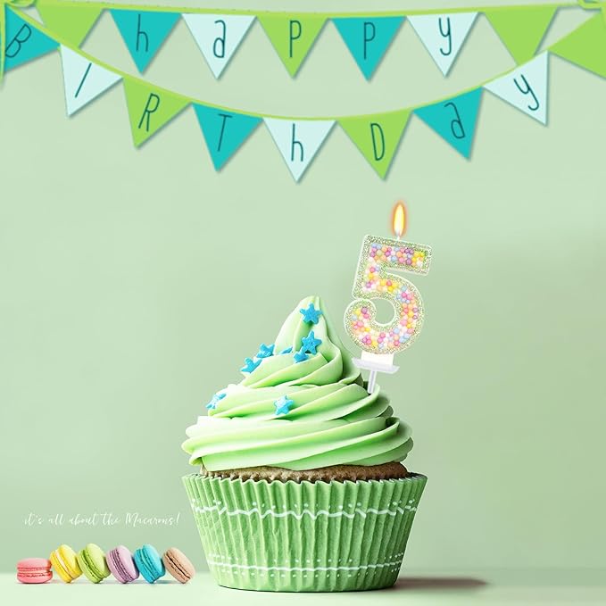 Birthday Candles - Number 5 Candle, Colorful Macaron Candles for Boys/Girls, Green Cake Decorations, Music Game Themed Party Supplies