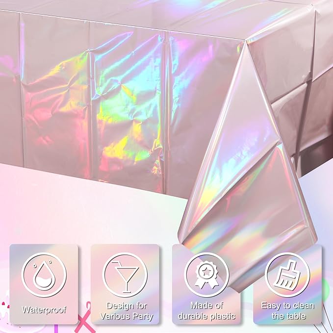3 Pack Iridescent Light Pink Tablecloth for Parties, Pastel Pink Holographic Plastic Table Cover, Disposable Laser Baby Pink Table Cloth for Birthday Wedding Baby Shower Party Decorations, 54x108 Inch
