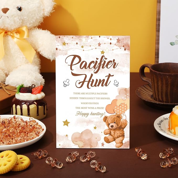 Thyle 51 Pcs Brown Bear Pacifier Hunt Baby Shower Games Bear Themed Baby Shower Game Decoration Include Hunt Sign and 50 Acrylic Pacifiers Gift Sets for Gender Reveal Newborn Announcement Party Decor