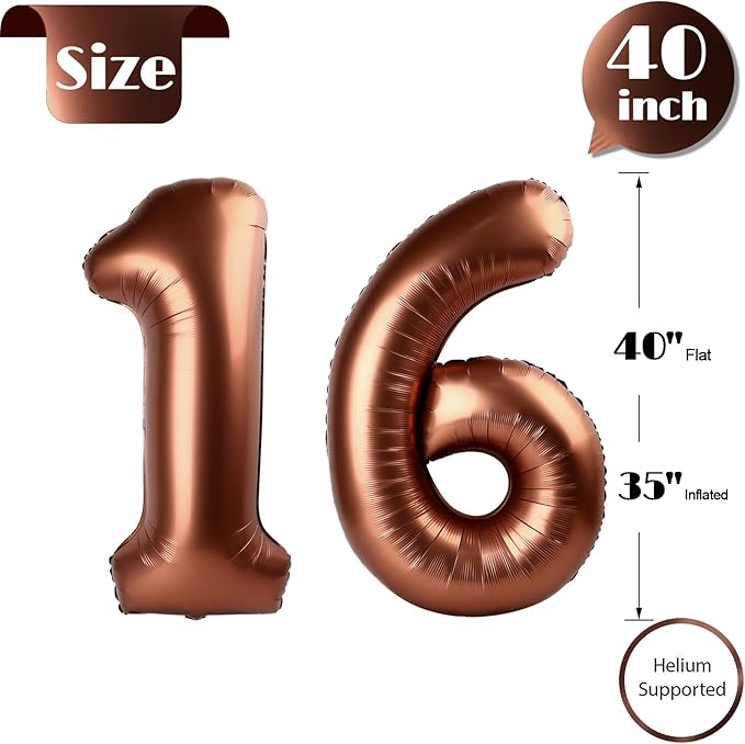 Dark Brown Number 16 Balloon 40 inch, Coffee Brown 16 Number Balloons, 16th Birthday Decorations, Chocolate 16 Year Old Girls Boys Dark Brown Party Supplies