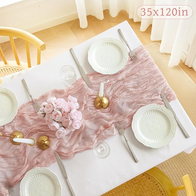 Pink Cheesecloth Table Runner, 10FT Dusty Pink Boho Gauze Table Runner for Spring Easter Mother's Day Baby Shower Bridal Shower Wedding Tea Party Table Centerpiece Decorations