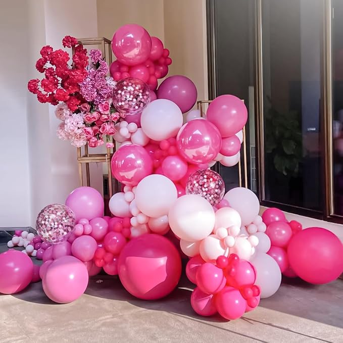 Pink Balloon Arch Kit, 146 PCS Hot Pink Light Pastel Pink Metallic Balloons Garland with Confetti for Bridal Baby Shower Birthday Princess Wedding Party Decorations