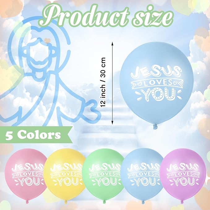 Gejoy Jesus Loves You Balloon 12 Inch Latex Christian Religious Jesus Balloon Party Decor for He Is Risen Party Decor Favor Cross Church Event Birthday Sunday Supplies(Macaron Colors,60 Pcs)