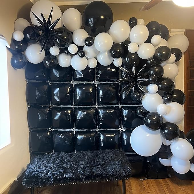Black Square Foil Balloons Wall, 25PCS Double Sided Metallic Chrome Black Foil Square Balloon Backdrop Tunnel Arch Kit Background Decor for Birthdays Graduation New Year Racing Theme Halloween Wedding