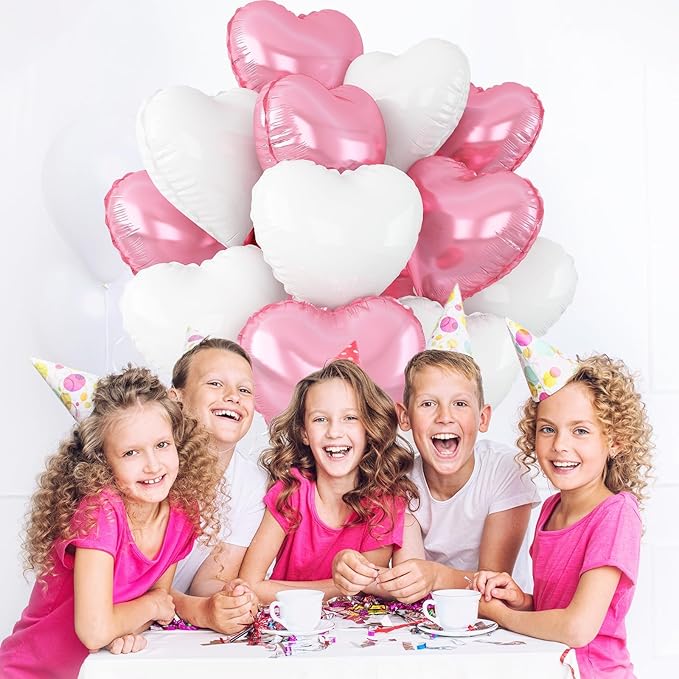 Pink White Heart Balloons,12Pcs Light Pink Heart Shaped Foil Balloons,18Inch White Helium Polyester Film Balloon for Baby Shower Birthday Anniversary Wedding Party Decorations