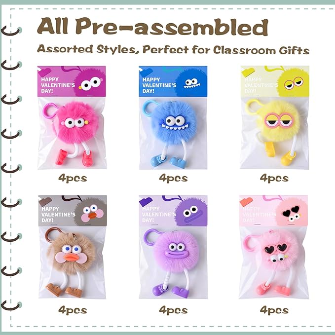 Valentines Day Gifts for Kids - 24 Pack Pre-filled Plush Toys Keychains with Valentine's Gift Cards for School classroom Class - Valentine Party Favors for Kids Boy Girls Toddlers