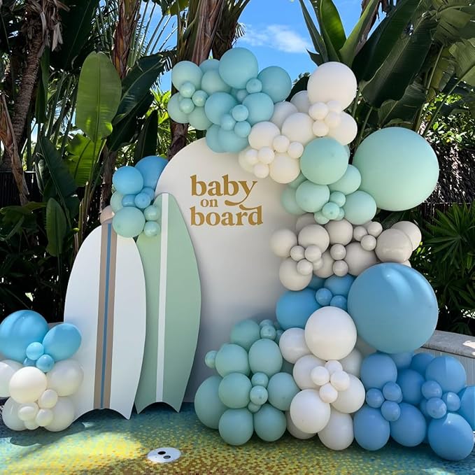 The Big One Balloon Garland Arch Kit, 141pcs Haze Fog Blue Mist Green and Sand White Balloons for Beach Party Decorations Surf Theme First Birthday On Board Boho Baby Shower Supplies