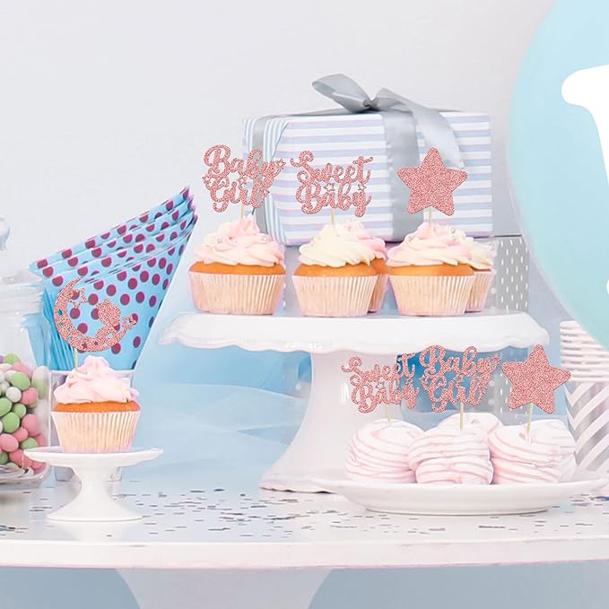 Gyufise 24Pcs Rose Gold Baby Girl Cupcake Toppers Glitter Star Moon Baby Shower Gender Reveal Cupcake Picks Baby Shower Kids Girls Birthday Party Cake Decorations Supplies