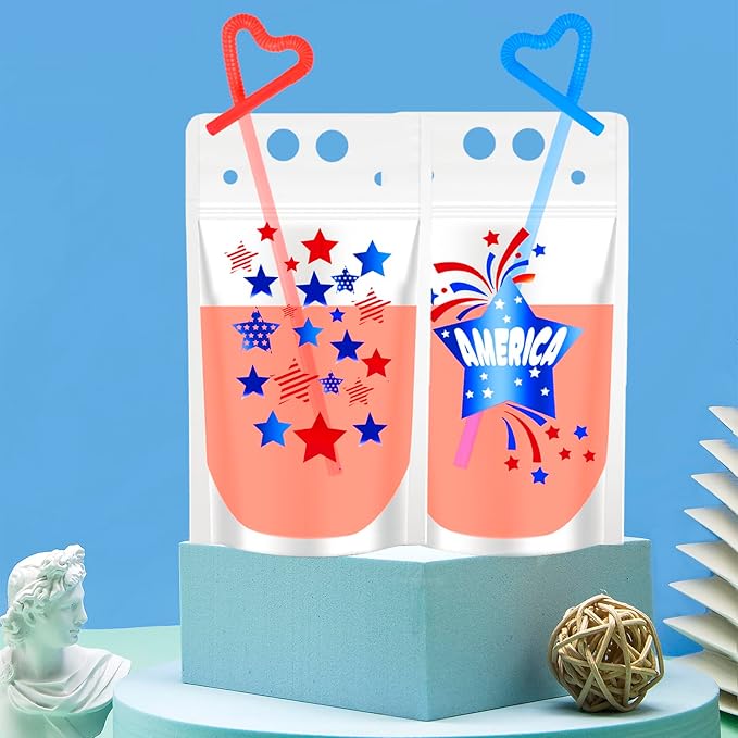 ChezMax 24PCS Drink Pouches for adults, Patriotic Drink Pouches with Straws, USA Party Favors, American Flag Party Supplies, Pouches Stand up Bags, Juice Pouches, 6 Styles, 500 ML