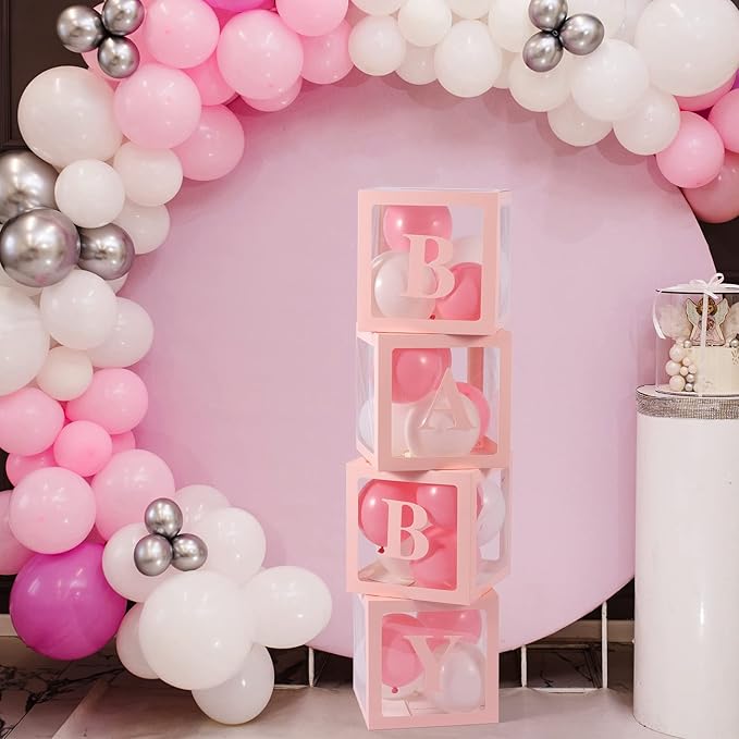 Baby Boxes with Letters for Baby Shower, 4 Transparent Balloon Boxes with Letters for Gender Reveal Birthday Wedding Baby Shower Decorations (Pink)