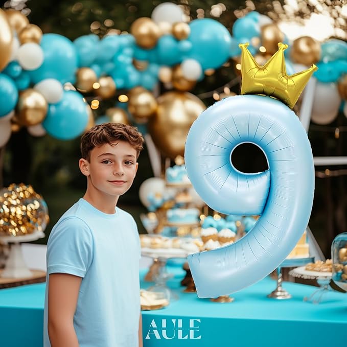 AULE 40 Inch Big Light Blue 9 Balloon Number with Crown Large Foil Helium Number Balloons 0-9 Jumbo Giant Happy 9th Birthday Party Decorations Huge Mylar Anniversary Party Supplies