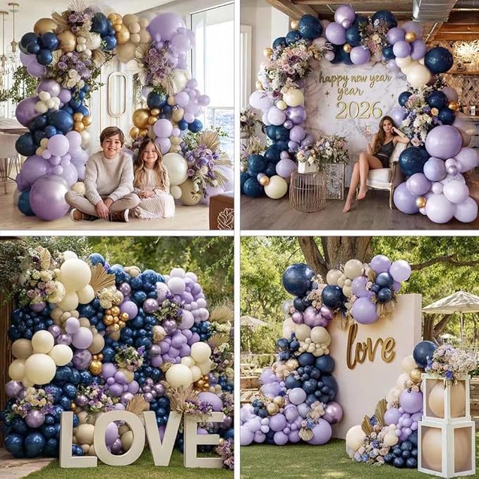 Navy Blue Purple Balloon Arch Double Stuffed, Dark Blue Pastel Lavender White Sand Ivory Balloon Garland Kit with Clear Bobo Metallic Lilac Latex for Baby Shower Wedding Birthday Valentine Party Decor