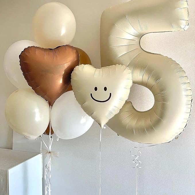 Number 5 Balloon, 5 Balloon, Number Balloons 40 Inch, Sand White Large Big Foil Number Balloons for Birthday Party Graduation Wedding Anniversary Baby Shower Bachelorette Decoration Supplies