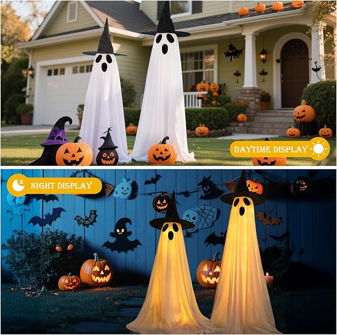 2 Packs Halloween Decorations Outdoor, Light Up Ghost Decorations with 8 Modes & Timer, Battery Operated Halloween Lights Spooky Ghost Decor for Front Porch Yard Lawn Haunted House Party Decor