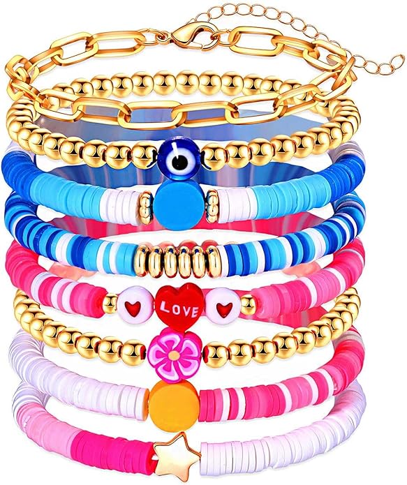 Surfer Heishi Bracelets for Women Stackable Rainbow Vinyl Disc Clay Beaded Stretch Bracelets Elastic Layering Friendship Bracelets Boho Summer Beach Jewelry