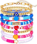 Surfer Heishi Bracelets for Women Stackable Rainbow Vinyl Disc Clay Beaded Stretch Bracelets Elastic Layering Friendship Bracelets Boho Summer Beach Jewelry