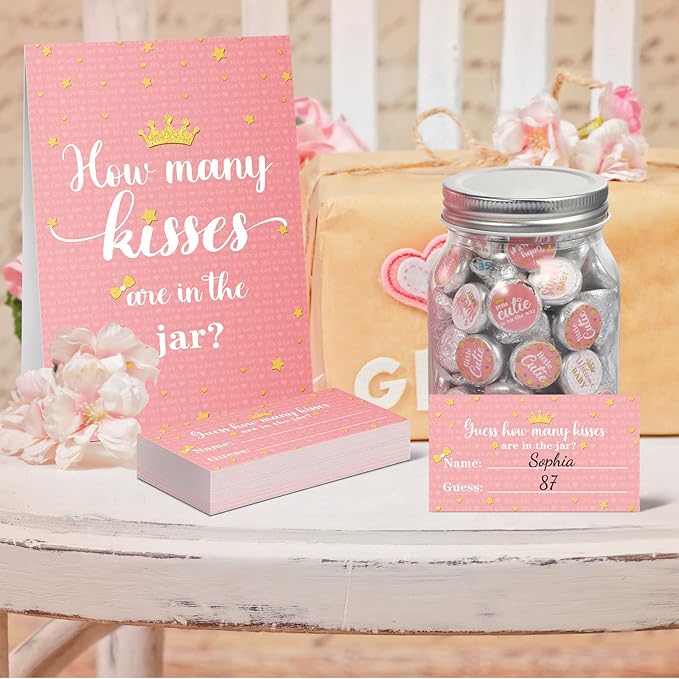 Containlol 555 Pcs How Many Kisses Baby Shower Games, Pink and Gold Standing Sign Guessing Cards Kisses Stickers for Kids Girl Birthday Baby Shower Sprinkle Party Decoration (No Candy and Jar)