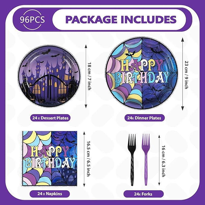 Grencian 96Pcs Purple and Black Birthday Party Decoration Gothic Spider Web Plates and Napkins Purple Black Theme Disposable Paper Tableware Set for Kids Boys Girls Birthday Party Supplies Serves 24