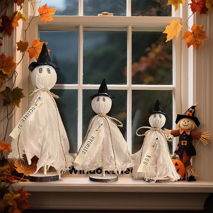 Halloween Decorations Indoor - 3 Set Primitive Halloween Ghosts with Hat, Wooden Stand Ghost Decor for Table Centerpieces, Mantels, Shelves, Vintage Spooky & Festive Party Decor