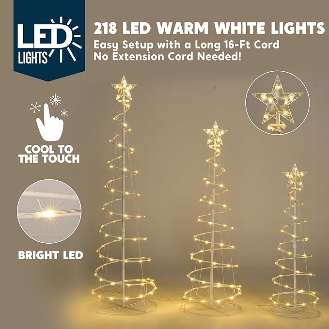 JOIEDOMI 3 Pack Spiral Christmas Tree Lights, 218 LED Outdoor Lighted Tree with Star Topper & Stakes, Christmas Decorations for Yard Porch Patio Garden Holiday Xmas Eve Night Décor, Warm White