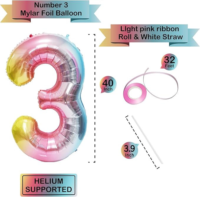 Rainbow Number Balloons Birthday Balloons - Giant Number 3 Balloon 40 inch, Numbers Balloon Birthday Decorations, Rainbow Party Supplies for Baby Shower