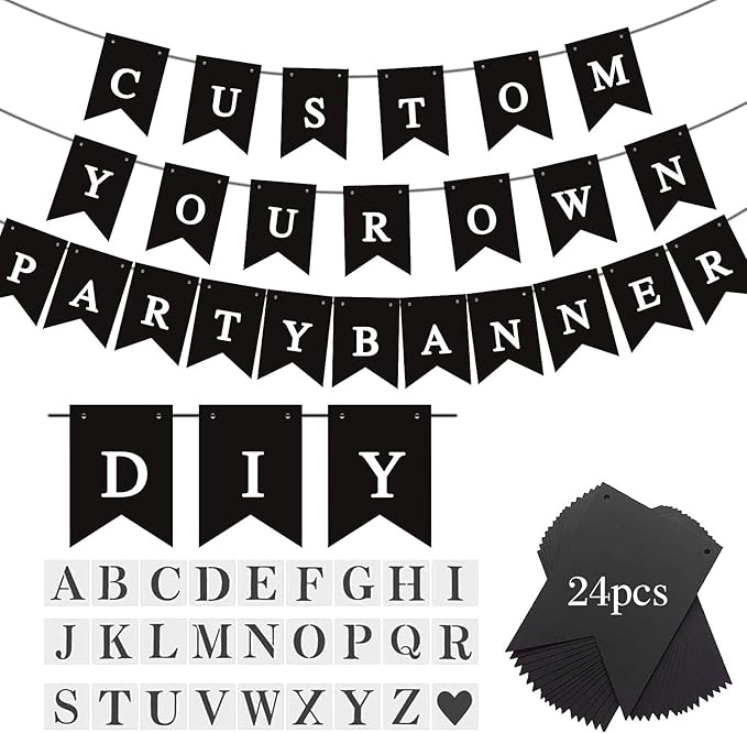 24pcs DIY Black Banner Set, Personalized Banner Party Decorations Supplies Custom Signs, Customize Handwriting Banners Include 26 Letters Stencil