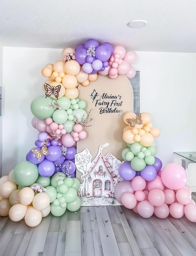 Fairy Balloon Arch Kit – 159PCS Pastel Pink Purple Dusty Blue Green Orange and Gold Balloons, for Fairtale Birthday, Baby Shower, Spring Garden Tea Party, Wonderland Party Decor