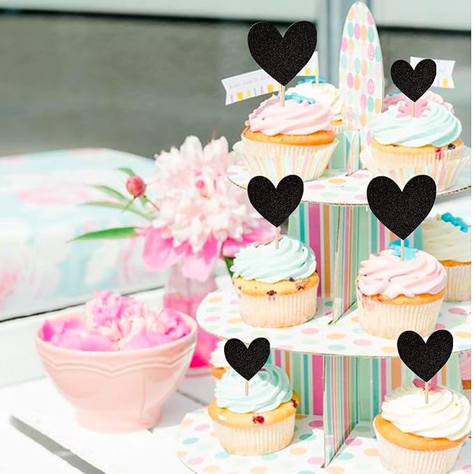 30 PCS Love Heart Cupcake Toppers Glitter Sweet Love Cupcake Picks Bridal Shower Wedding Engagement Cake Decorations for Valentine's Day Baby Shower Birthday Anniversary Party Supplies Black
