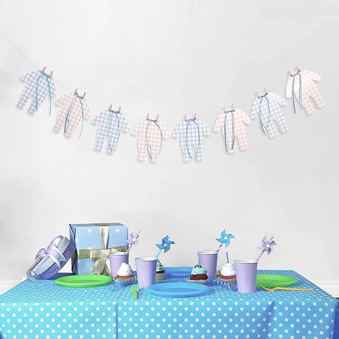 Blue and Cream Baby Onesie Garland – 8 PCS Big Size Baby Shower Banner, Baby Clothesline Garland, Blue Plaid Baby Bodysuit Cutouts for Gender Neutral Baby Shower or Nursery Decor