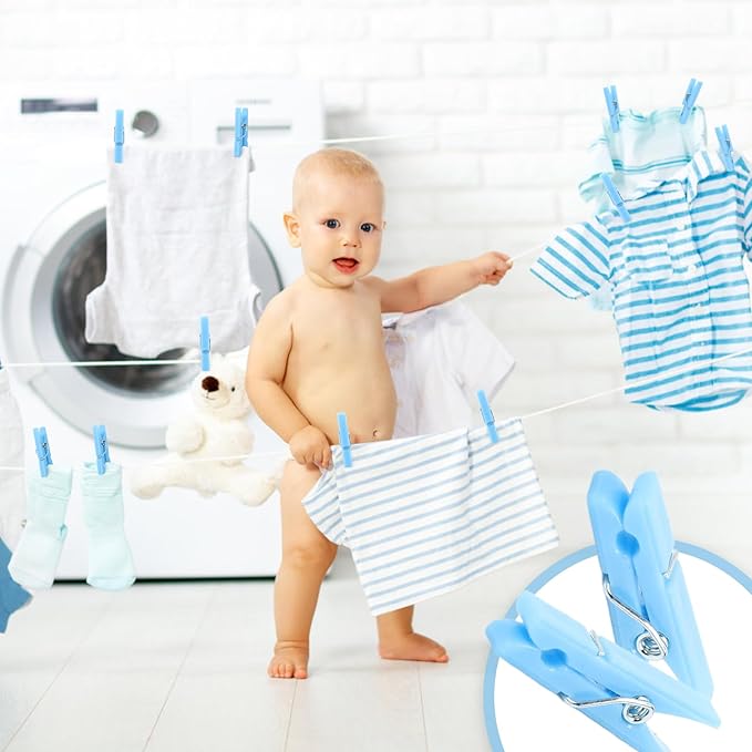 100PCS Baby Shower Clothespins Games Boy Plastic Clothes Pin with Storage Bag Mini Blue Pin Bulk 1.4 inch for Party Decorations, DIY Crafts