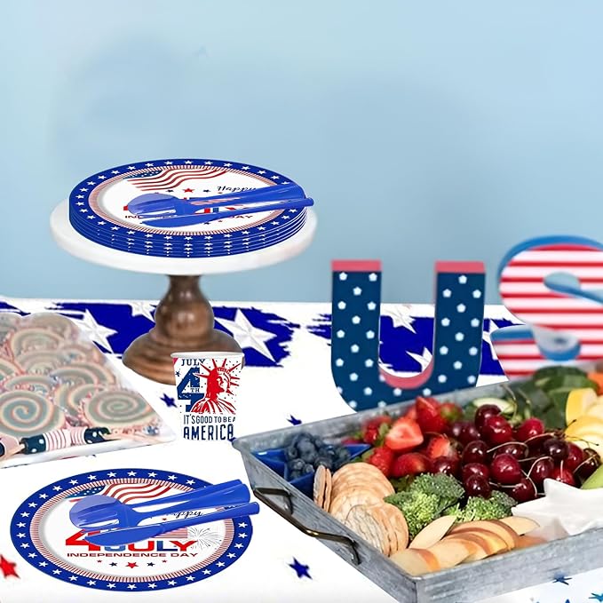 4th of July Party favor Tableware Set, 25 Set American Flag Disposable Dinnerware Set - Patriotic Party Supply - Red Blue White Plates Napkins Cups, Forks Spoons for Independence Memorial Day