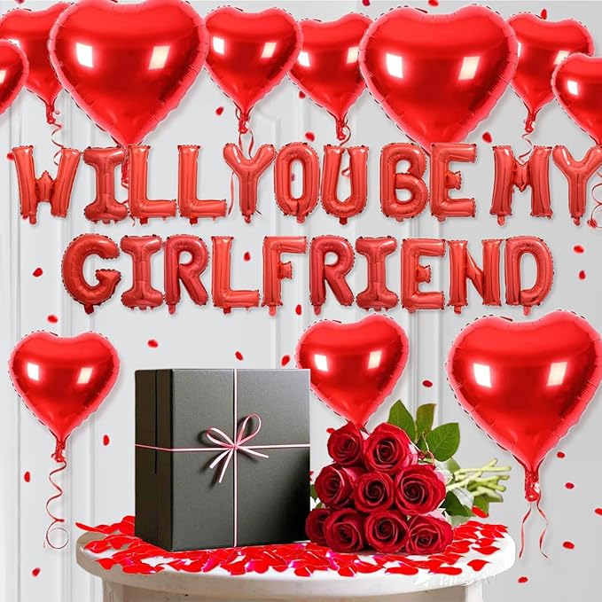 2 set 16 inch Will You be My Girlfriend Balloons and Heart Balloons with 1000 Pieces Rose Petals, Red Letter Balloon for Her Valentines Day Decorations Wedding Anniversary Engagement