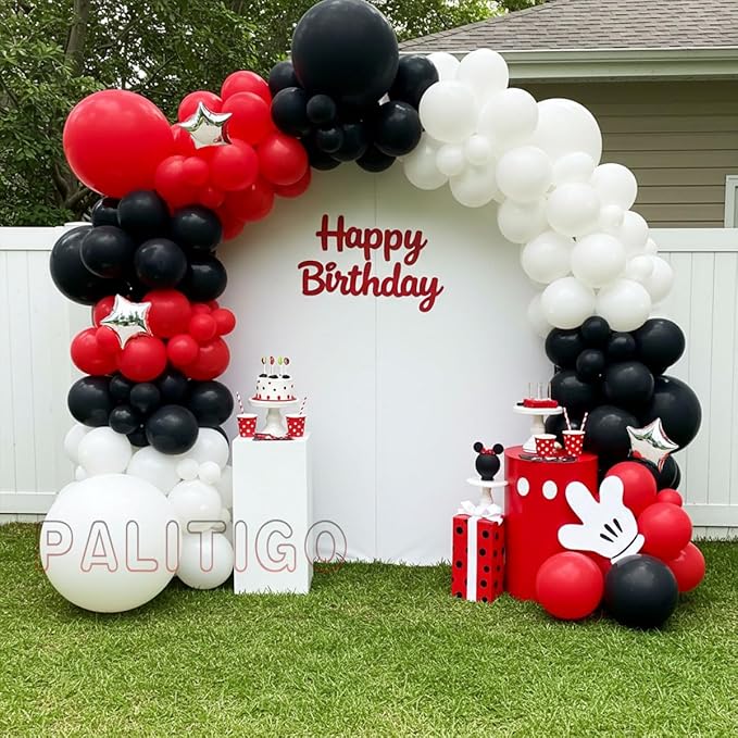 Red Black White Balloon Arch Kit with Silver Star Foils – Double Stuffed Balloons in 5” 12” 18” Sizes for Graduation, Birthday, Retirement, Racing, Casino, Poker Party Decorations