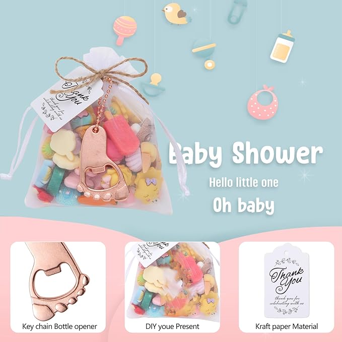 50 PCS Footprint Bottle Opener，Baby Shower Favors for Guest Souvenirs Supplies and Decorations with Organza Bags Tags and 1 Roll Jute Rope (Rose gold)