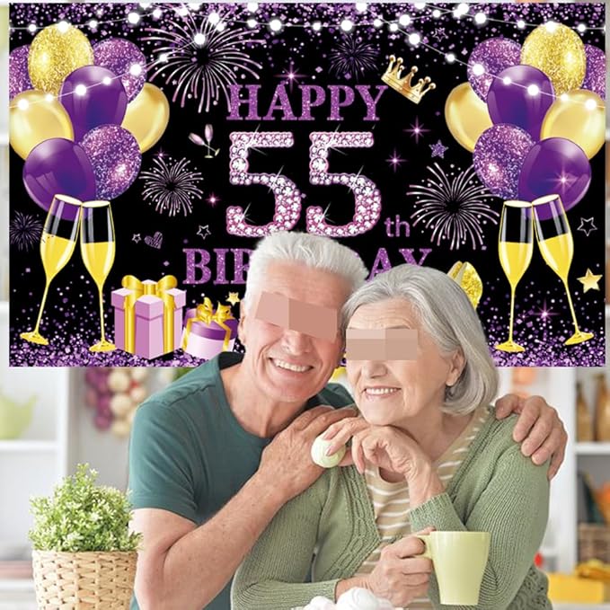 Happy Birthday Backdrop Banner 55th Women Birthday Decoration Supplies Anniversary Party Photo Photography Background Flash Purple Gold Black Birthday Banner Background Poster