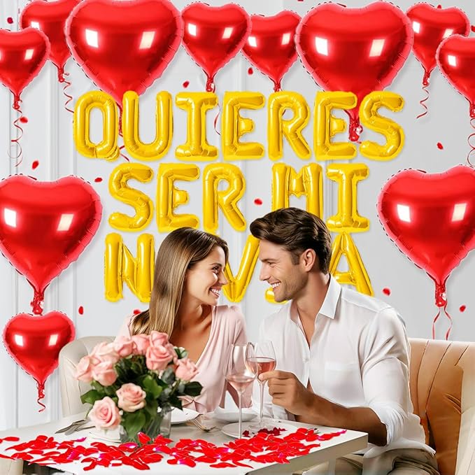 2 Set 16 Inch QUIERES SER MI NOVIA Balloons, Gold Will You Be My Girlfriend Letter Balloons Spanish with 200pcs Artificial Rose Petals for Valentines Anniversary Day Banner Decorations