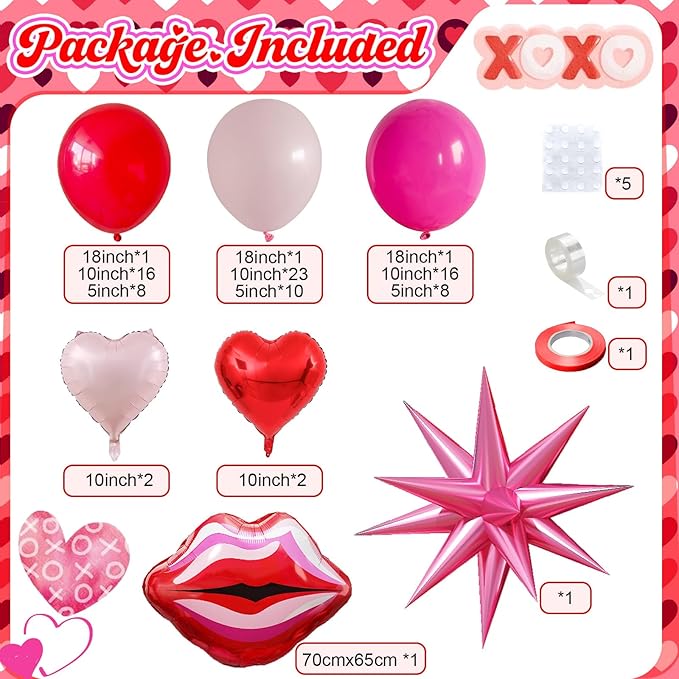 Valentines Day Balloon Arch Kit Hot Pink Red Balloon Garland with Lip Heart Star Foil Balloons Rose Red Baby Light Pink Galentines Party Decorations for Proposal Engagement Wedding Mothers, 97Pcs