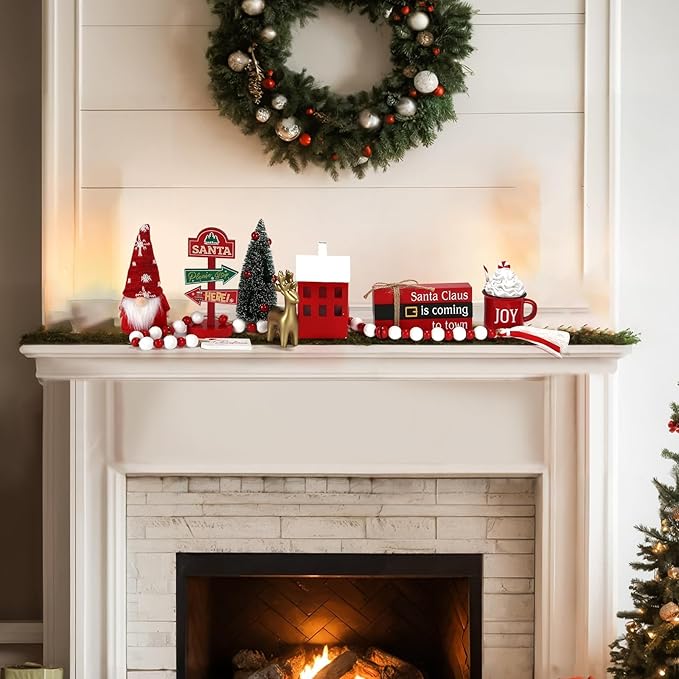 Christmas Decorations 8 PCS Tiered Tray Decor Set, Cute Tabletop Christmas Decor for Home Shelf Mantel Fireplace Office Desk Coffee Bar Xmas Table Centerpieces Tray Objects Holiday Decoration Set