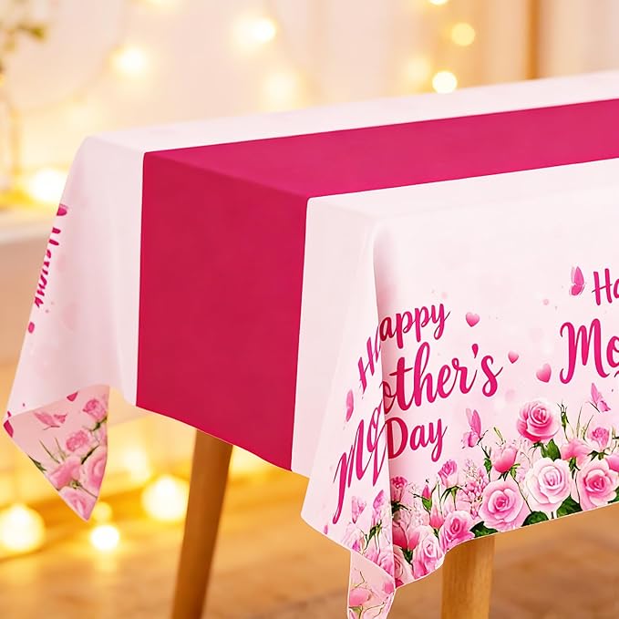 3-Pack Mother's Day Tablecloth, Mothers Day Party Decorations, 54" x 108" Pink Flowers Plastic Disposable Table Covers,Mother's Day Party Supplies