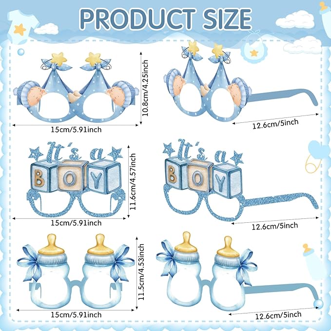 Pajean 32 Pcs Boy Baby Shower Party Decorations It's A Boy Baby Shower Themed Paper Eyeglasses Photo Booth Props Paper Glasses Frame for Gender Reveal Baptism Blue Birthday Party Decor Favors Supplies