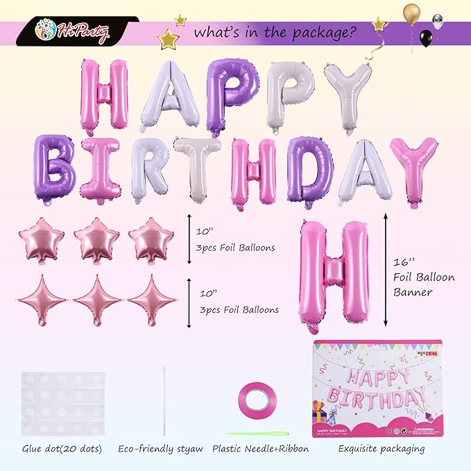 Birthday Banner, 3D Mylar Foil Happy Birthday Balloons, 24pcs Birthday Party Decorations with 6pcs Star Balloons for Kids Girls Women Adults Ecofriendly Party Supplies, Pantone