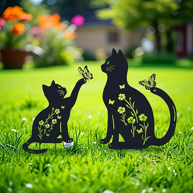 Cat Metal Decorative Garden Stakes,Gifts for Women/Men/Cat Lovers,Black Silhouette Statues Spring Garden Decor for Outdoor, Yard Art, Outside,Patio,Forests,Lawn Ornaments