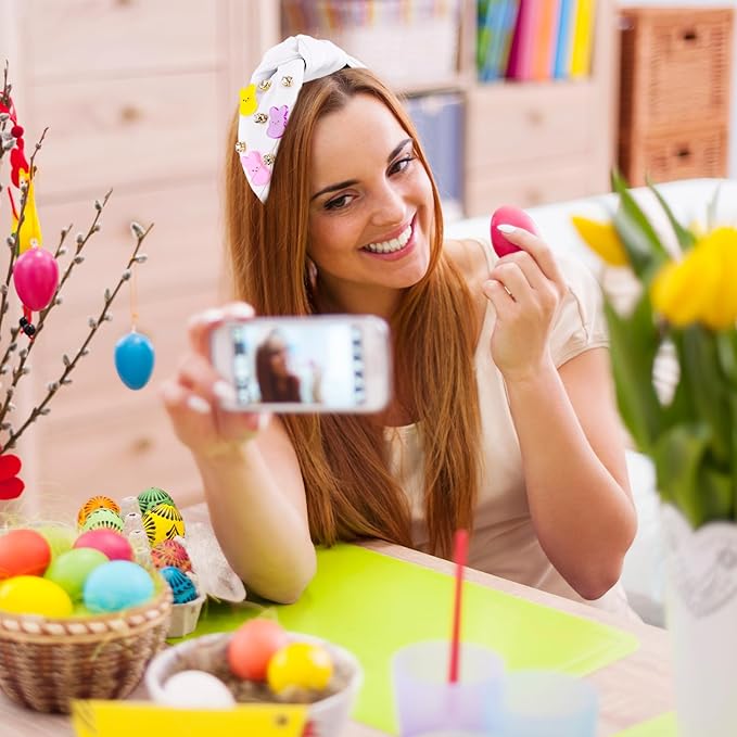 Easter Bunny Headbands for Women, Easters Outfits for Girls Rhinestone Jeweled Rabbit Ears Knotted Headband, Easter Basket Stuffers, Spring Party Favor Gift Peeps Hair Accessories (White)