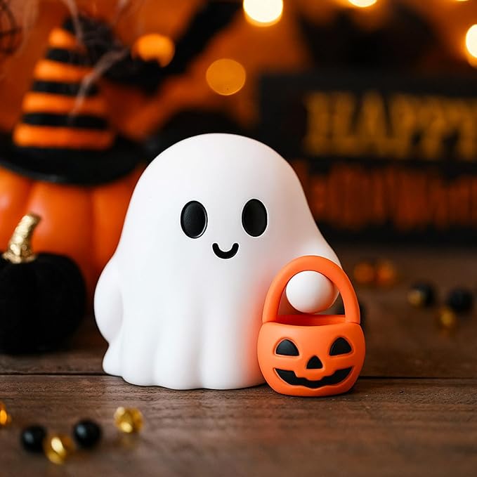 Halloween Ghost Figurine Cartoon Cute Spooky Carrying Pumpkin Basket Cute Halloween Office Desk Decor Display Ornament Tiny Trick or Treat Ghost Resin Statue for Home Supplies
