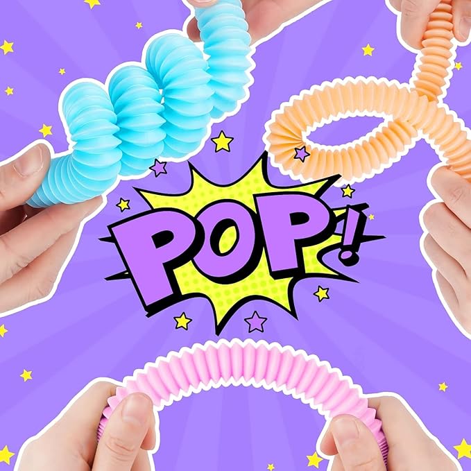 24 Pcs Easter Basket Stuffer Pop Tubes, Sensory Fidget Toys Party Favors for Kids 8-12, Classroom Prizes Gifts Anxiety Goodie Bag Travel Toys for Car Airplane, 12 Pcs Large & 12 Pcs Medium