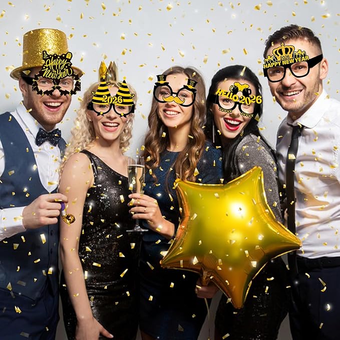 16PCS Happy New Year Glasses, New Year Paper Eyeglasses Photo Booth Props for 2026 New Year's Eve Party Supplies Decorations